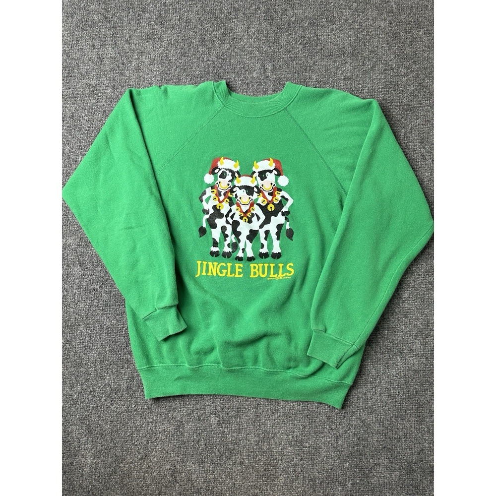 Mens Sweatshirt Hanes Jingle Bulls Christmas Green Graphic USA, Size L